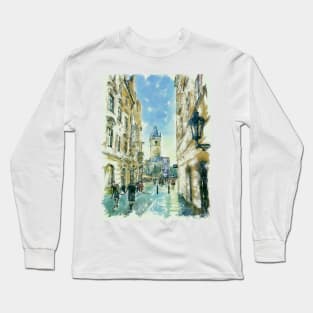 Side View of the Old Town City Hall Prague Watercolor Streetscape Long Sleeve T-Shirt